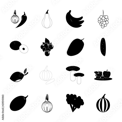 icon Fruits And Vegetables with lime, vitamins, citrus fruit, calabash and watermelon