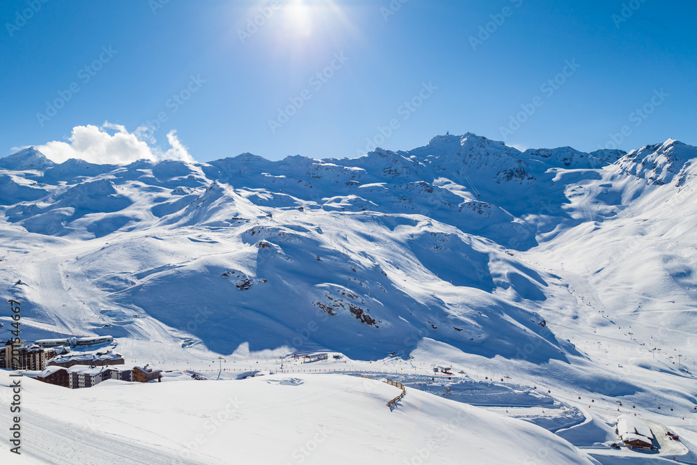 View to ski resort Val Thorens from ski piste, Three Valleys