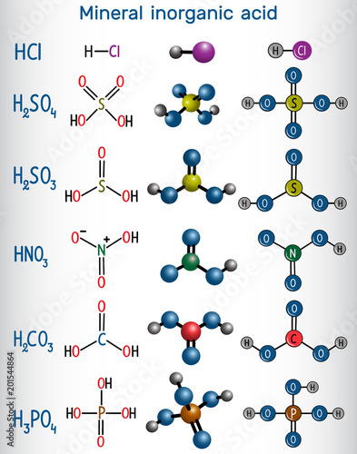 Chemical formula and molecule model mineral inorganic acid. Hydrochloric(HCL), Sulfuric (H2SO4), Nitric  (HNO3), Carbonic (H2CO3) Sulfurous (H2SO3), Phosphoric (H2PO4)