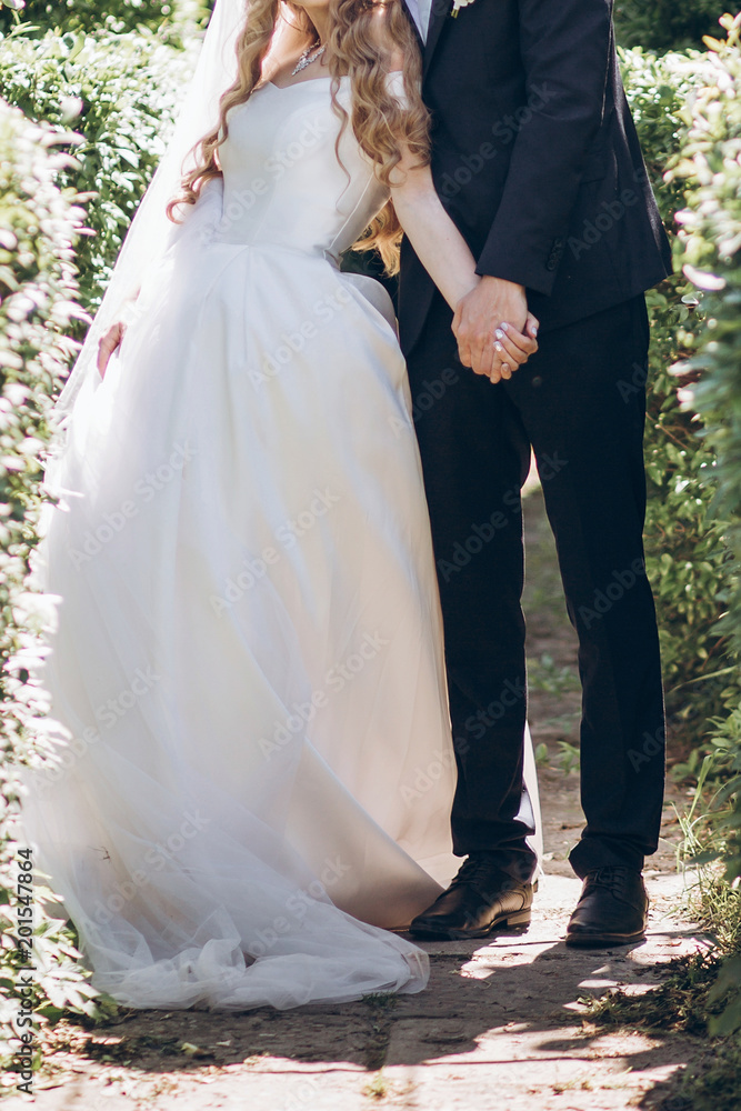 stylish bride in silk dress and groom in suit hugging in sunny garden on wedding day. luxury wedding couple, happy newlyweds family. romantic moments. stylish bride in silk dress and groom in suit hugging in sunny garden on wedding day. luxury wedding couple, happy newlyweds family. romantic moments.