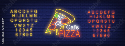 Neon alphabet and pizza slice with Pizza Cafe lettering over brick background. Restaurant, pizzeria, roadside cafe. Advertisement concept. For signboards, template design, banners