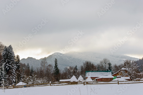 Winter landscape. Snow-covered mountain river at the foot of the high  Mountains. © Mykhaylo