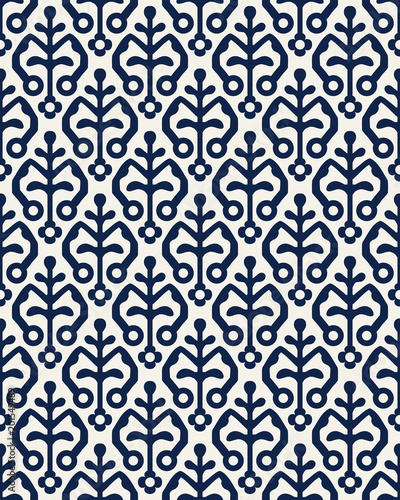 Indigo dye woodblock printed seamless ethnic floral all over pattern. Traditional oriental ornament of India, stylized flowers of Kashmir, navy blue on ecru background. Textile design.