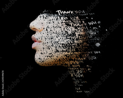 Paintography. Double exposure of hand drawn painting combined with a close up profile portrait with THANK YOU words embedded photo