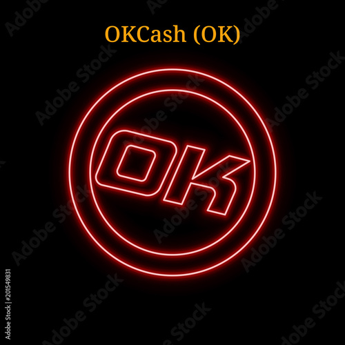 Red neon OKCash (OK) cryptocurrency symbol photo