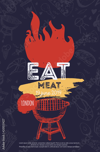 Grunge BBQ Party Invitation Template for posters, flyers. Barbeque grill manu on dark background. Retro picnic style