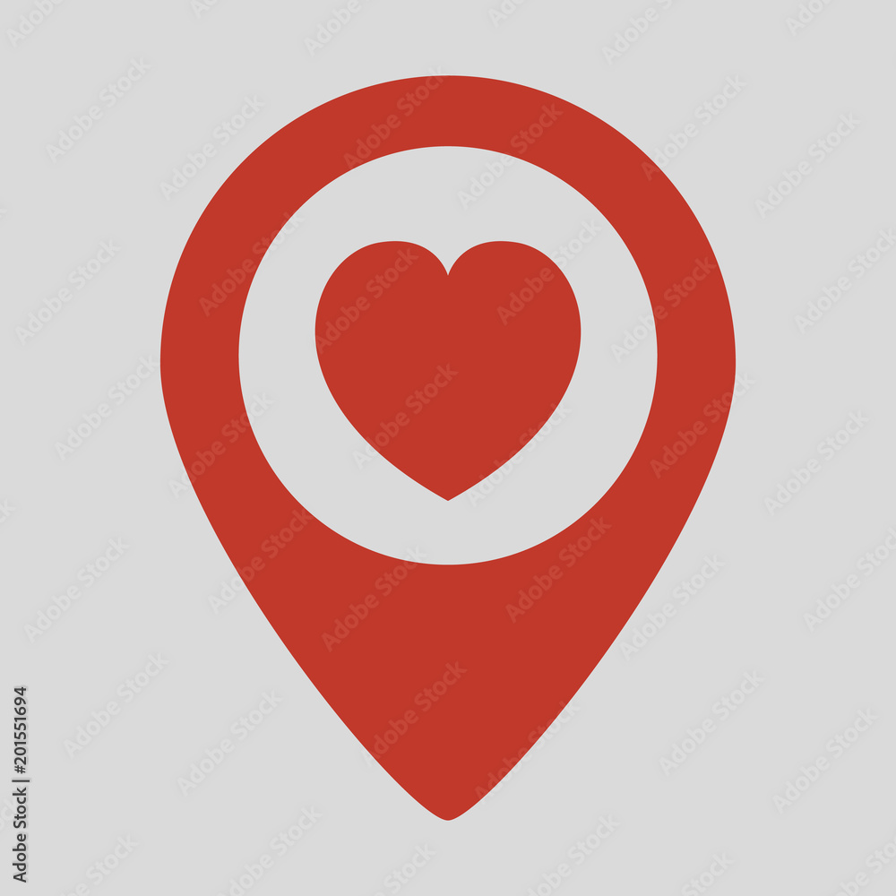 Map pointer with heart icon on grey background. Map pointer with heart icon on grey background.