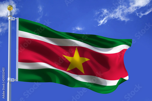 Silk Waving flag with flagpole of Suriname on background of blue sky with clouds .3d illustration.
