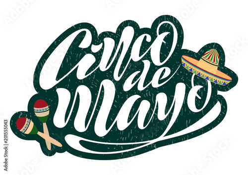 Handwritten text on a textured background for the holiday cinco de mayo on May 5 for a banner, logo, postcard, menu. Mexico, musical instruments, maracas, hats, colorful. vector eps10