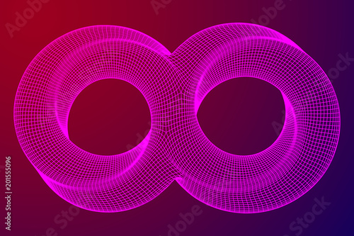 Mobius strip ring infinity sacred geometry. Spatial figure with upturned surfaces. Optical illusion with dual circular contour. Wireframe low poly mesh vector illustration.