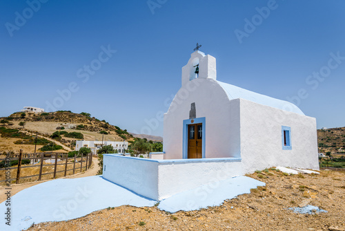 Beautiful white blue greek church monastery with amazing views to the sea situated in a small greek village Kantouni of Leros Island, Kos Island, Dodecanese, Greece