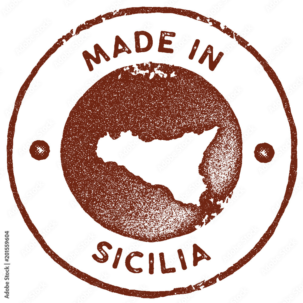 Fototapeta premium Sicilia map vintage stamp. Retro style handmade label, badge or element for travel souvenirs. Red rubber stamp with island map silhouette. Vector illustration.