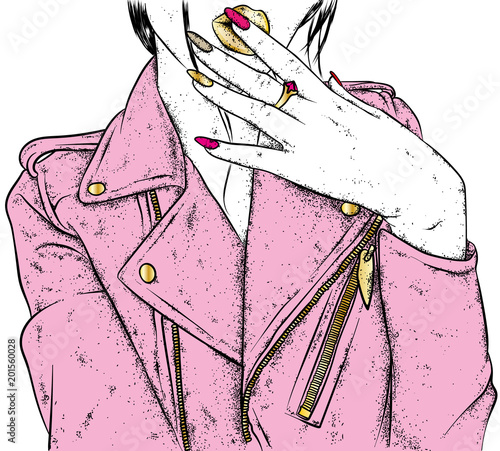 Stylish girl in a beautiful jacket. A girl with long nails and beautiful lips in lipstick. Vector illustration for a postcard or a poster, print for clothes. Fashion & Style.