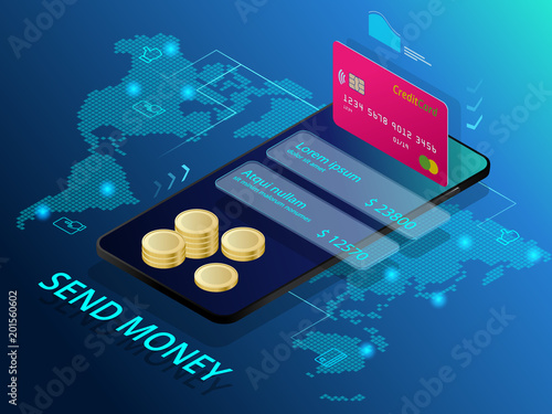 Isometric send money. Online Money Transfer Interface Concept. Modern technology and online transaction.
