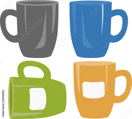 four colorful cups for milk or for tea, vector design on white background for marketing, for logo