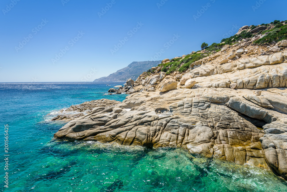 Beautiful sunny bay view to amazing paradise holiday place with crystal clear blue water sandy beach for sunbathing swimming relaxing, Ikaria Island, Seychelles Beach, Sporades/ Greece - 08 01 2017