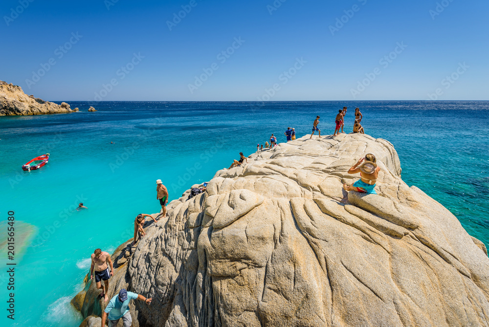 Beautiful sunny bay view to amazing paradise holiday place with crystal clear blue water sandy beach for sunbathing swimming relaxing, Ikaria Island, Seychelles Beach, Sporades/ Greece - 08 01 2017