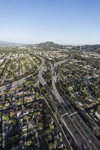 Vertical aerial view of Ventura 101 Freeway and Hollywood 170 freeways in the San Fernando Valley area of Los Angeles, California.