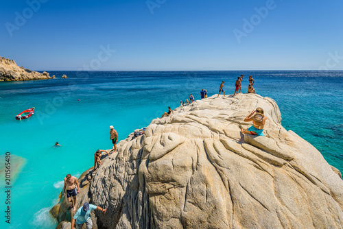 Obraz na płótnie Beautiful sunny bay view to amazing paradise holiday place with crystal clear blue water sandy beach for sunbathing swimming relaxing, Ikaria Island, Seychelles Beach, Sporades/ Greece - 08 01 2017 w salonie