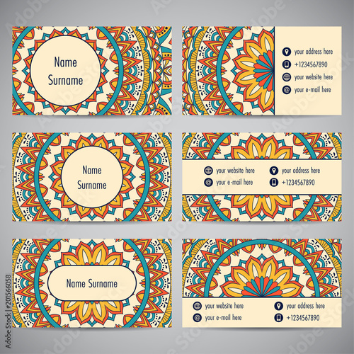 Set of business cards with floral mandala ornaments. Vector illustration