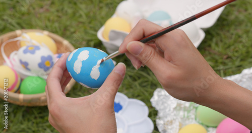 Drawing on egg for Easter holiday at outdoor green park