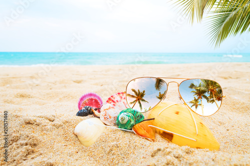 sunglasses and seashell on the sandy tropical beach with clear blue sky. Leisure in summer and Summer vacation concept. vintage color tone.