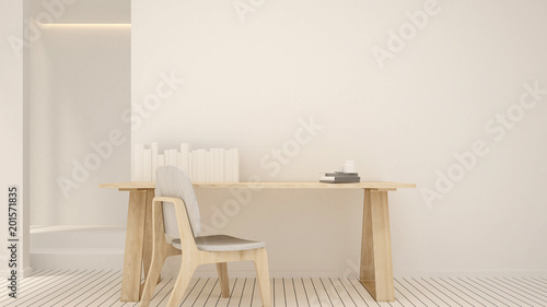 Workplace clean design in condominium or small office - Study room white tone artwork for apartment or home office - 3D Rendering © CHOTi