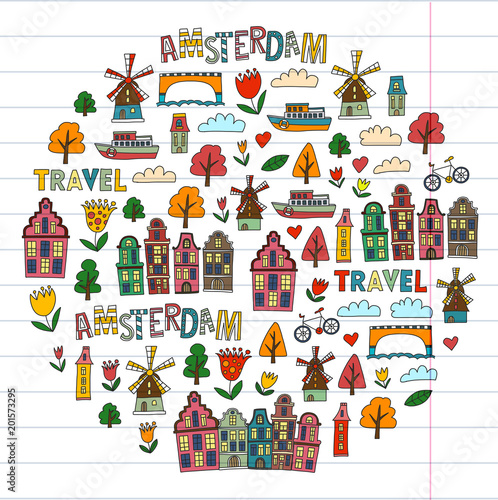 Vector pattern with Amsterdam city House, architecture, mill, tulip. Holland doodle icon