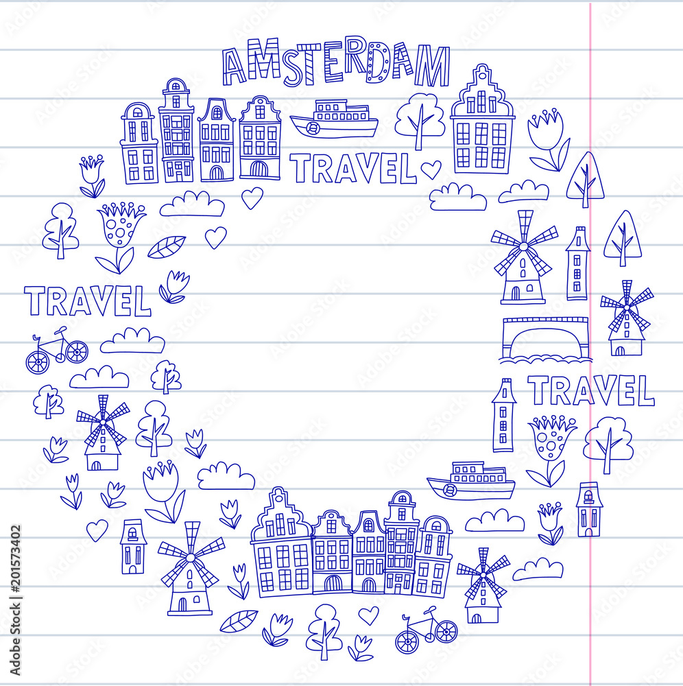 Vector pattern with Amsterdam city House, architecture, mill, tulip. Holland doodle icon Vector pattern with Amsterdam city House, architecture, mill, tulip. Holland doodle icon