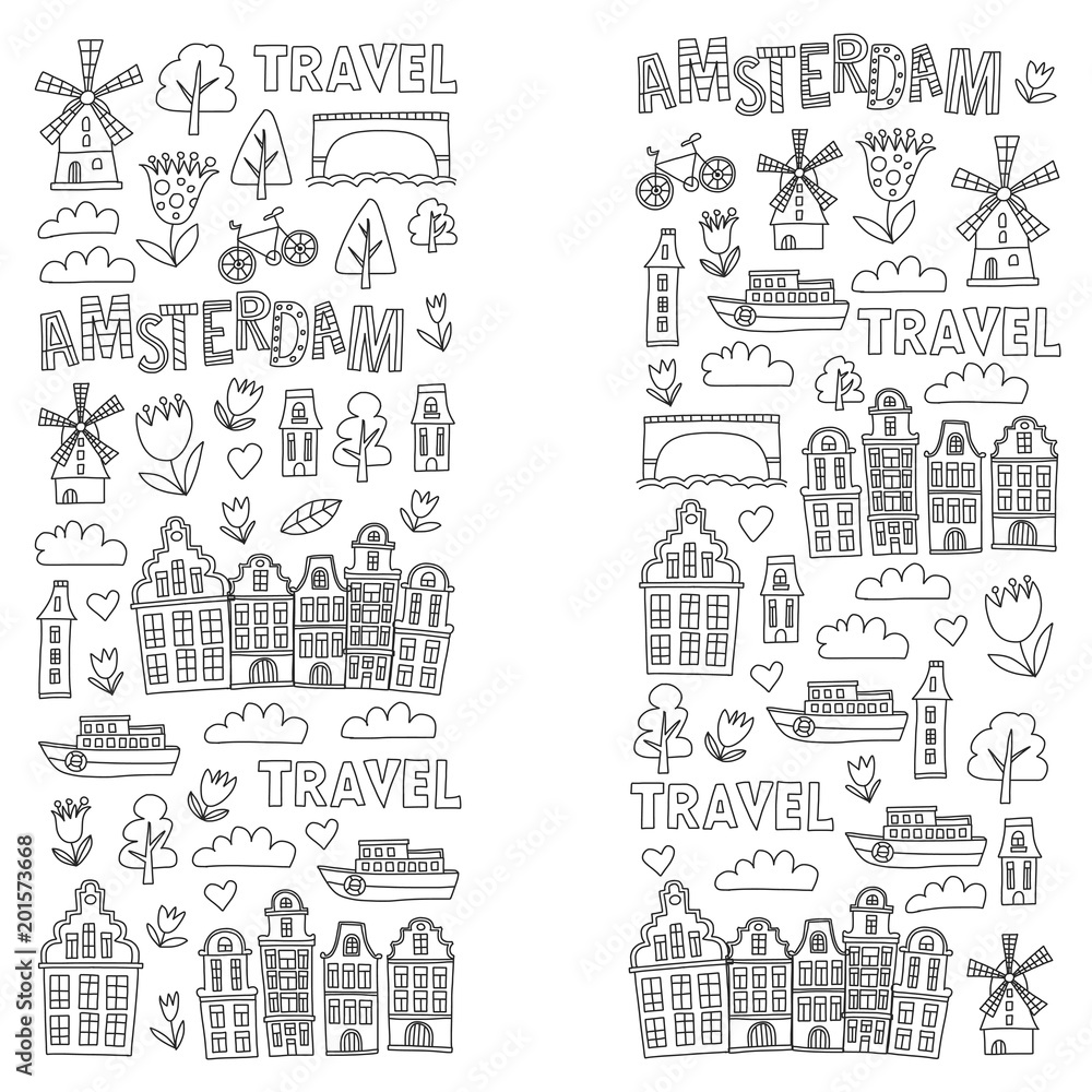 Vector pattern with Amsterdam city House, architecture, mill, tulip. Holland doodle icon