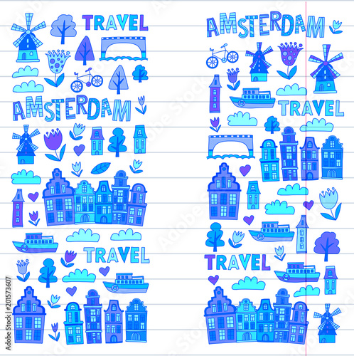 Vector pattern with Amsterdam city House, architecture, mill, tulip. Holland doodle icon