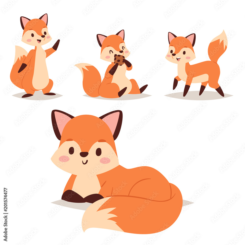 Fototapeta premium Fox character doing different foxy activities funny happy nature red tail and wildlife orange forest animal style graphic vector illustration.