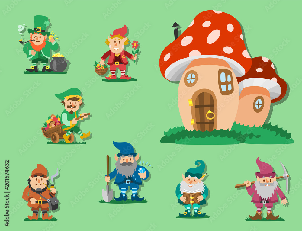 Fototapeta premium Fairy tale fantastic gnome dwarf elf character poses magical leprechaun cute fairy tale man vector illustration