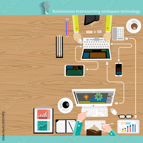 Vector Workspace businessman analyzing statistical data flat design