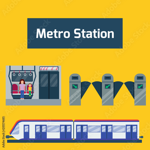 Metro station transportation modern railroad trip transit tunnel vehicle service vector illustration.