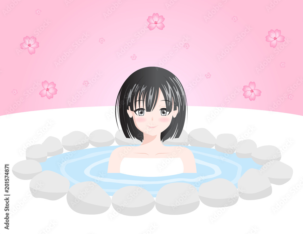 women relaxing in Japanese onsen ( hot spring ) vector / sakura women relaxing in Japanese onsen ( hot spring ) vector / sakura