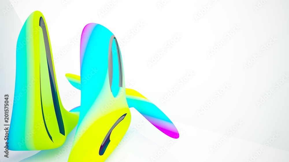 Fototapeta premium Abstract dynamic interior with black and colored gradient smooth objects. 3D illustration and rendering