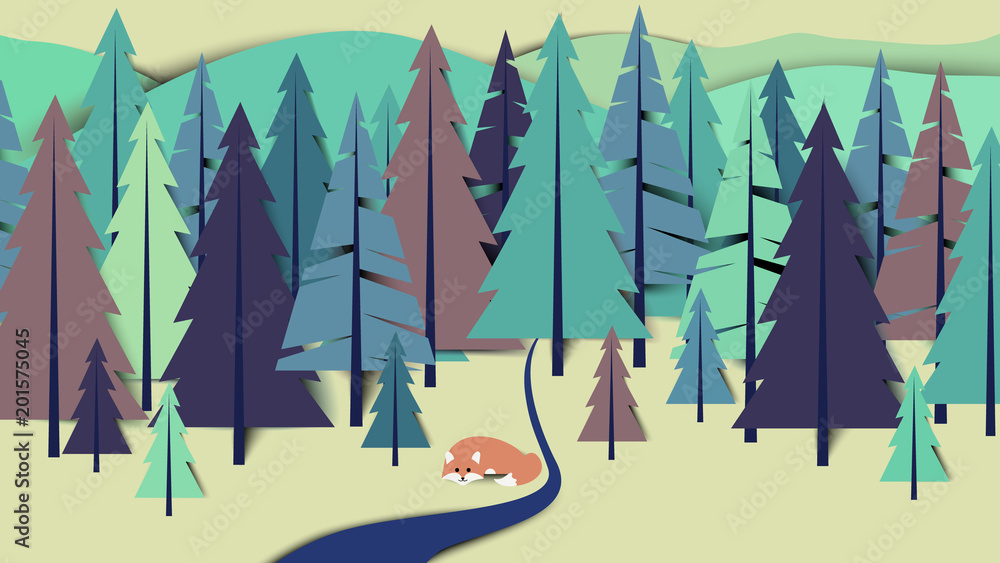 Fox lay down beside the river in pine forest landscape, paper art/paper cutting style Fox lay down beside the river in pine forest landscape, paper art/paper cutting style