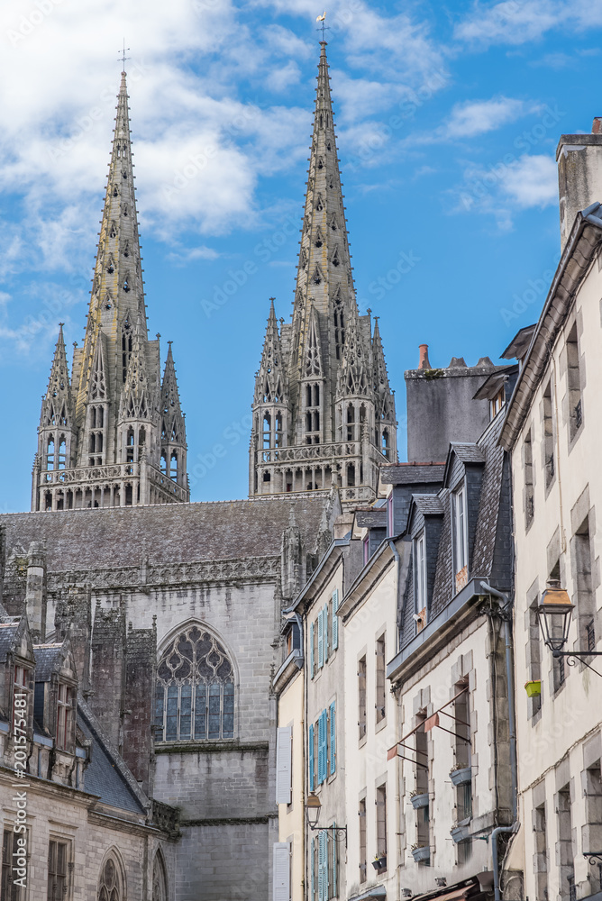 Quimper in Brittany, the Saint-Corentin cathedral, medieval street
