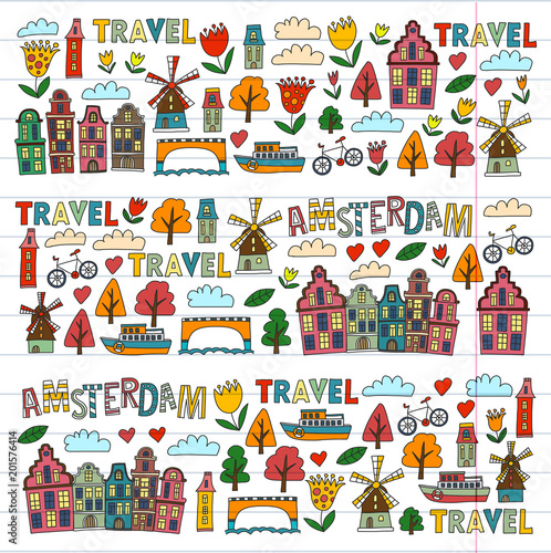 Vector pattern with Amsterdam city House, architecture, mill, tulip. Holland doodle icon