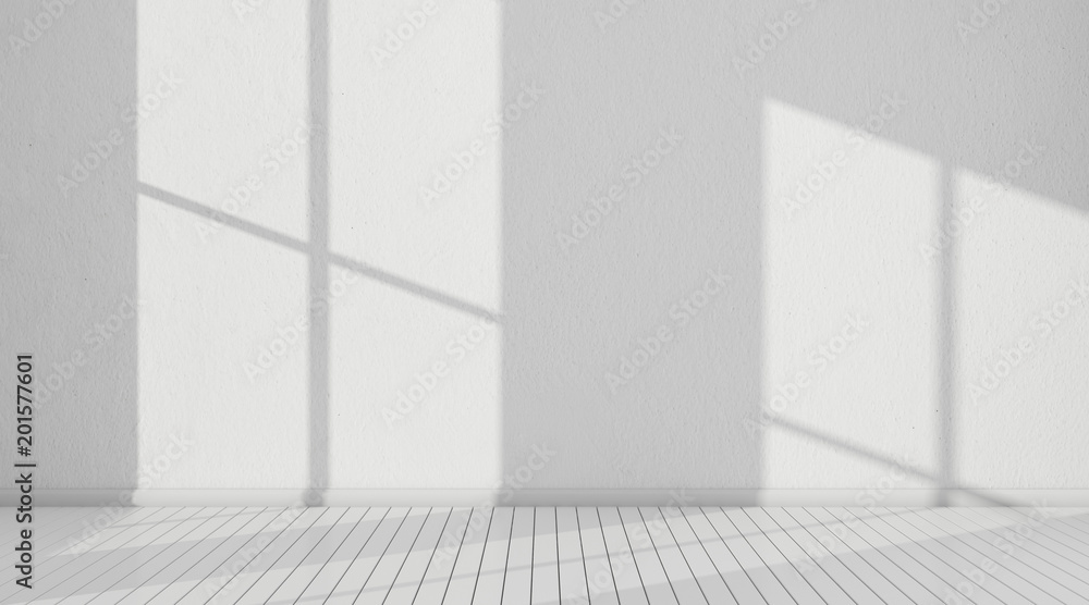 3D stimulate of white room interior and wood plank floor with sun light cast the window shadow on the wall,Perspective of minimal design architecture 3D stimulate of white room interior and wood plank floor with sun light cast the window shadow on the wall,Perspective of minimal design architecture