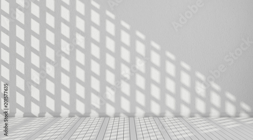 3D stimulate of white room interior and wood plank floor with sun light cast the window shadow on the wall Perspective of minimal design architecture 
