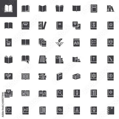 Books vector icons set, modern solid symbol collection, filled style pictogram pack. Signs, logo illustration. Set includes icons as education, library, literature, learning, school, textbook science
