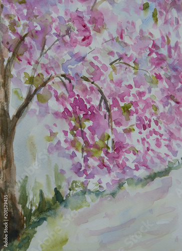 Pink tree with lake, watercolor painting