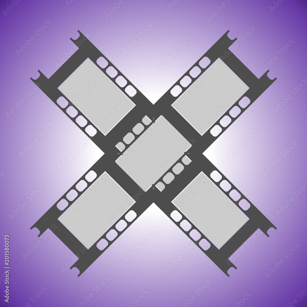 Vector illustration of two criss-cross fragments of film on a violet background. Flat design. Vector illustration of two criss-cross fragments of film on a violet background. Flat design.