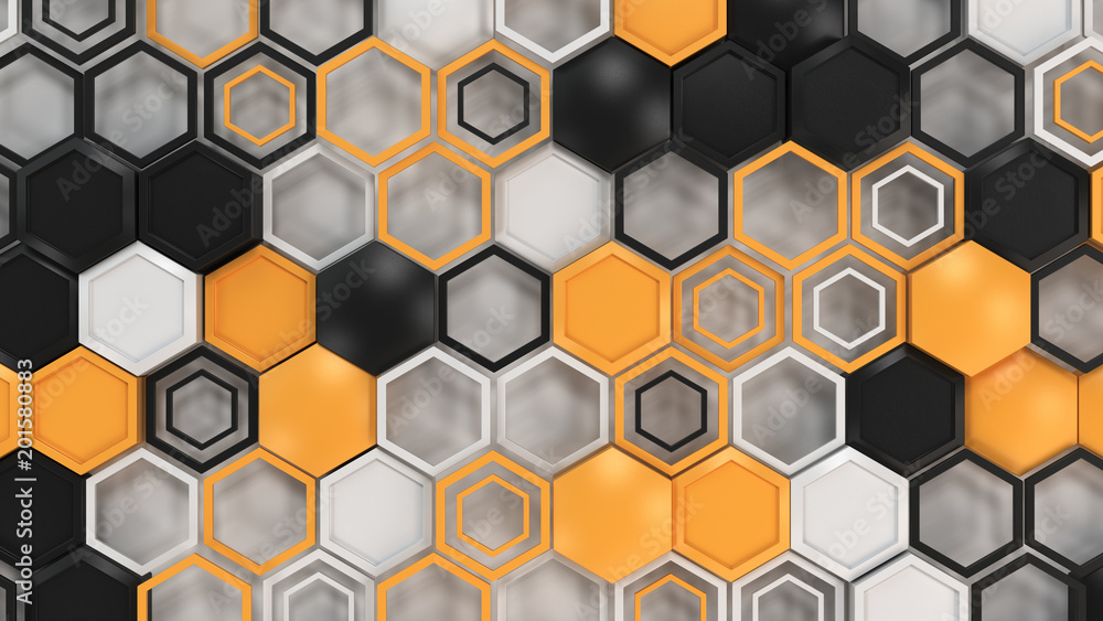 Abstract 3d background made of black, white and orange hexagons on white background Abstract 3d background made of black, white and orange hexagons on white background