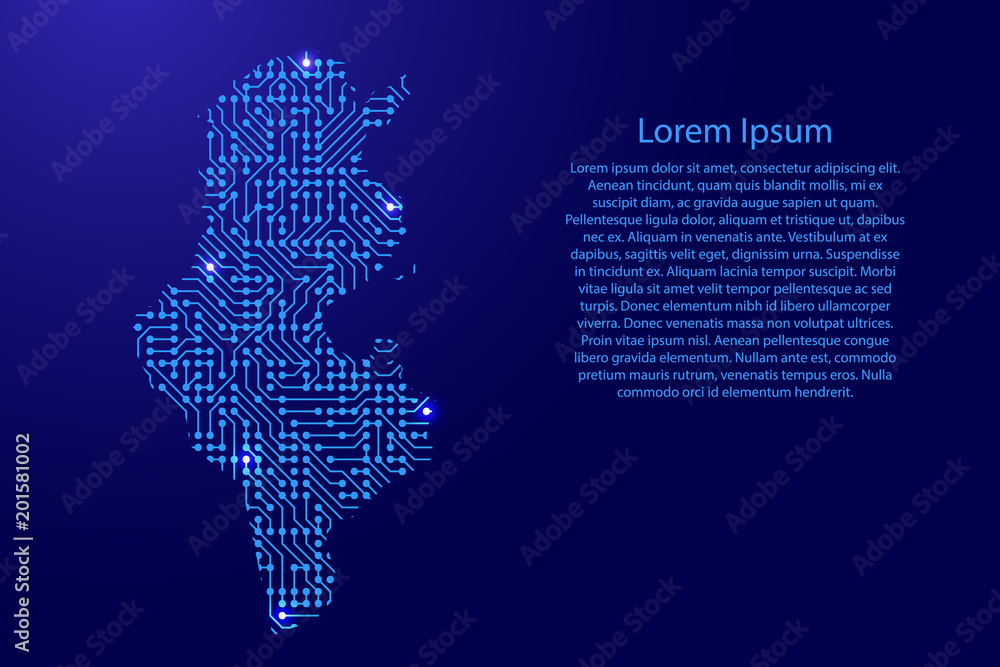 Map Tunisia from printed board, chip and radio component with blue star space on the contour for banner, poster, greeting card, of vector illustration.