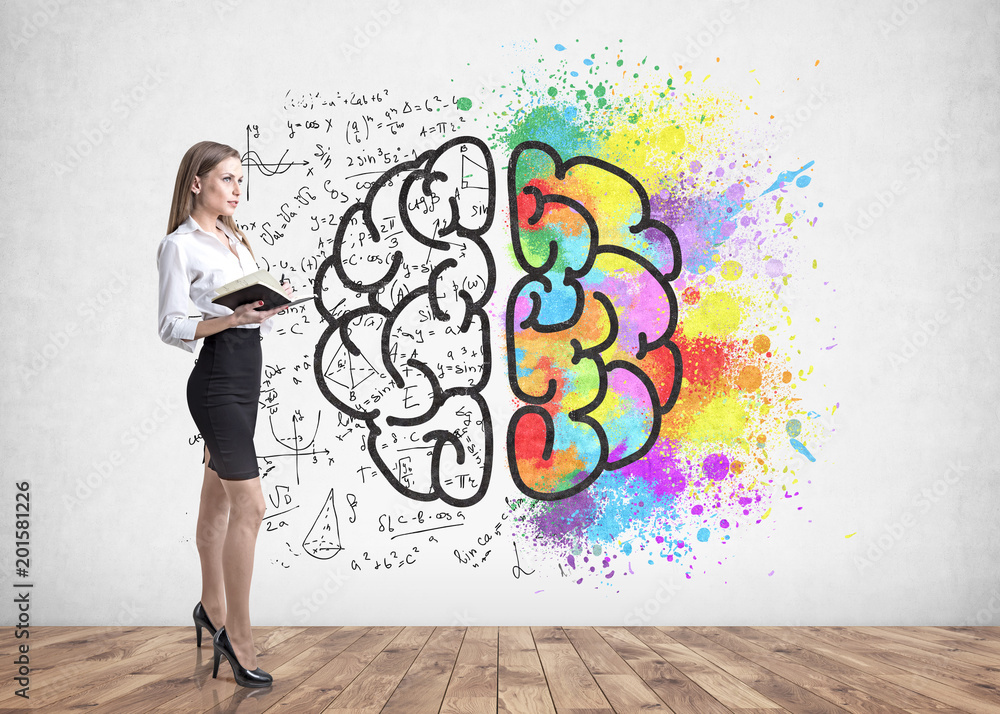 Blonde businesswoman with a notebook, brain Blonde businesswoman with a notebook, brain