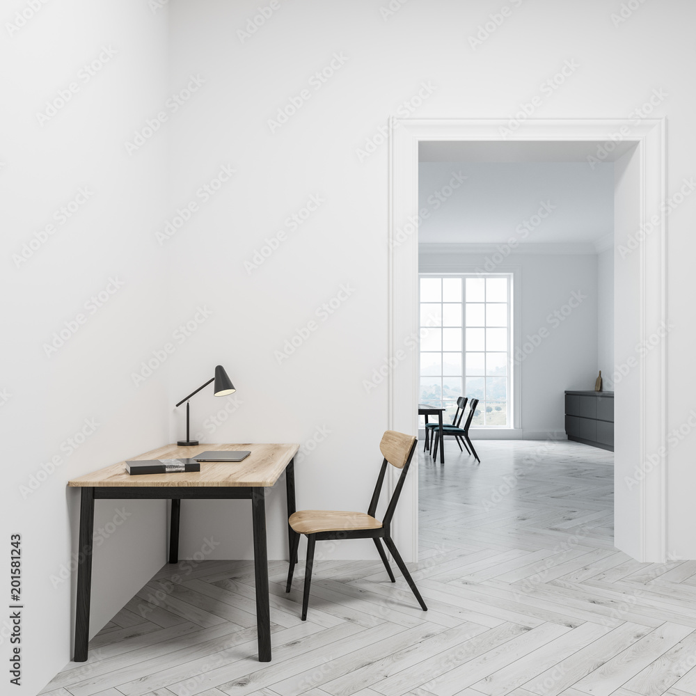 White home office interior, door, side view White home office interior, door, side view