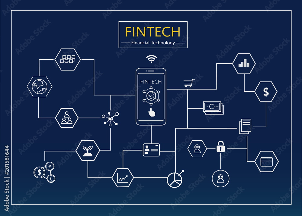 Fintech - Financial Technology and blockchain on diagram. Financial technology and Business investment infographic. Vector illustration.